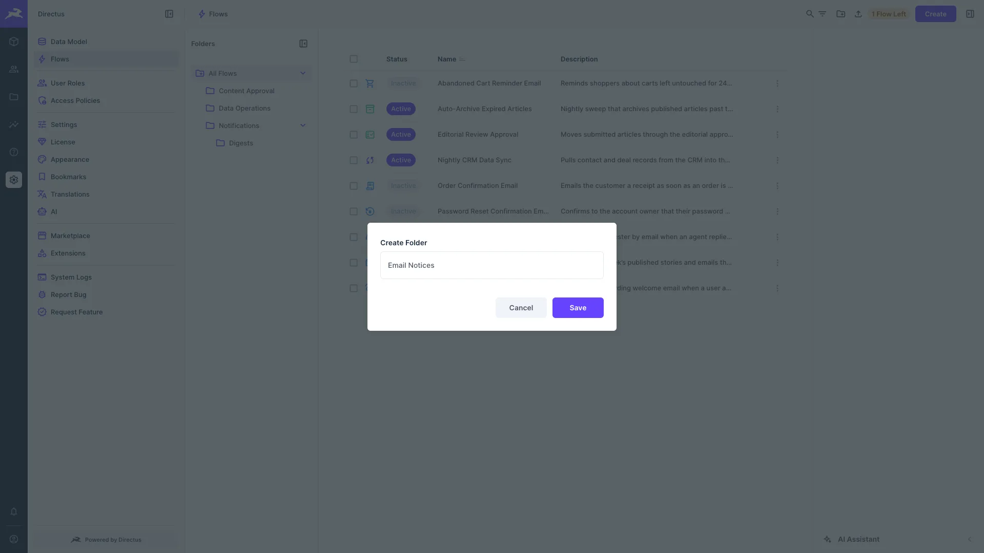 Creating a folder on the Flows page